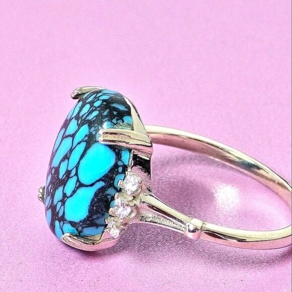 925 Sterling Silver Ring SZ 6.5 with Natural Turquoise   & CZ - Picture 8 of 14